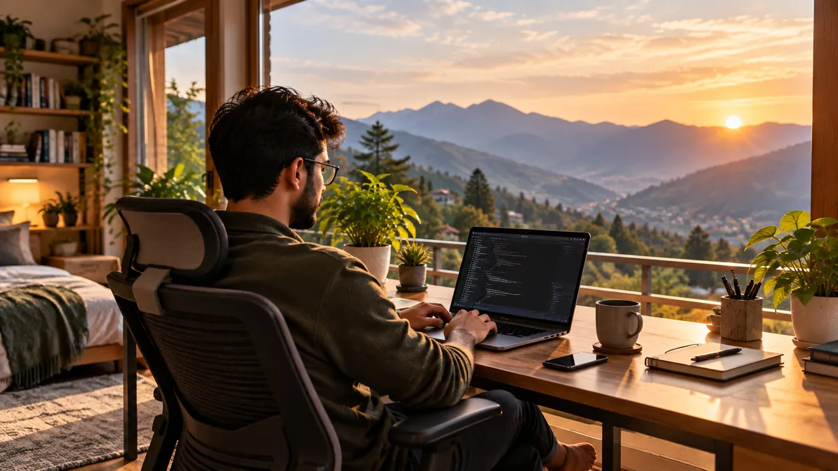 Remote work from a mountain-view home office