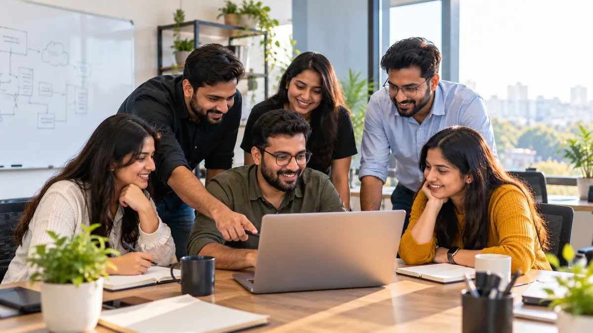 Team collaborating around a laptop