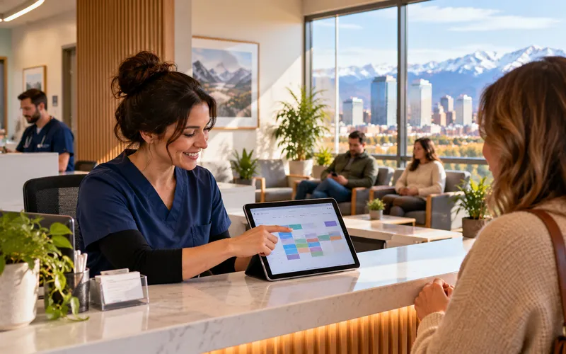 Modern clinic reception with scheduling software