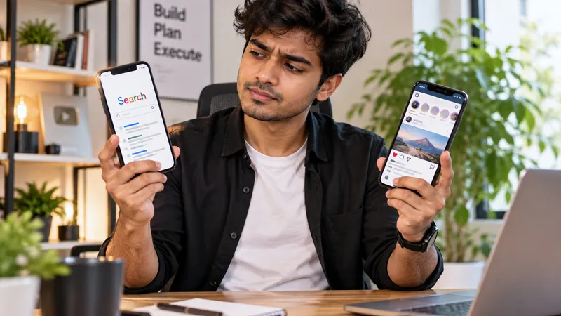 Entrepreneur at a desk weighing two options — one phone showing search, one showing a social feed