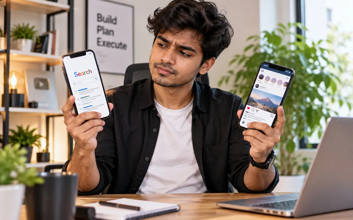 Entrepreneur at a desk weighing two options — one phone showing search, one showing a social feed