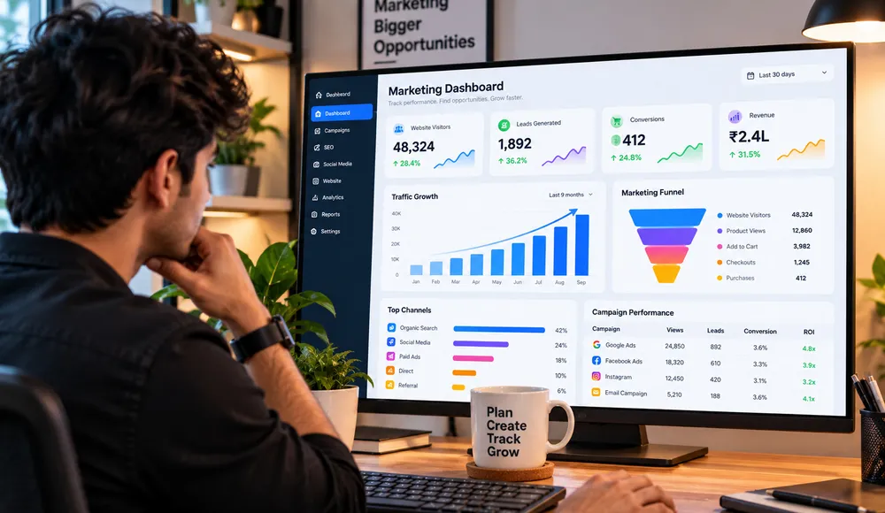 Marketing dashboard with rising bar charts and funnel shapes in an analytics workspace