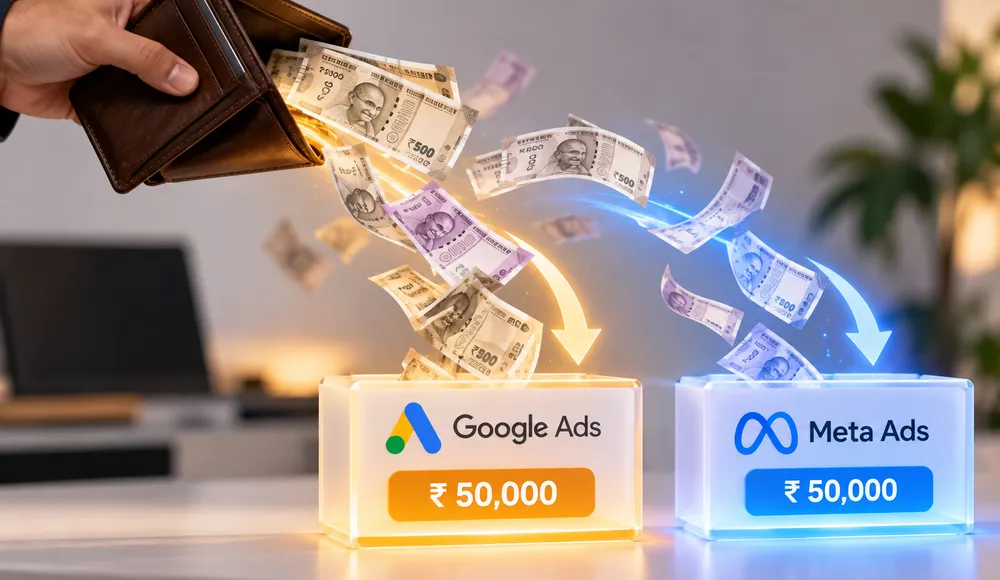 Wallet releasing rupee notes toward two abstract ad-platform boxes representing budget split