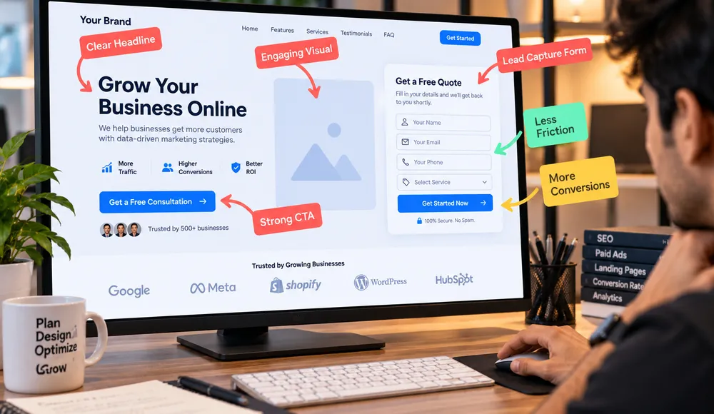 Landing page wireframe with conversion arrows pointing at abstract form and call blocks