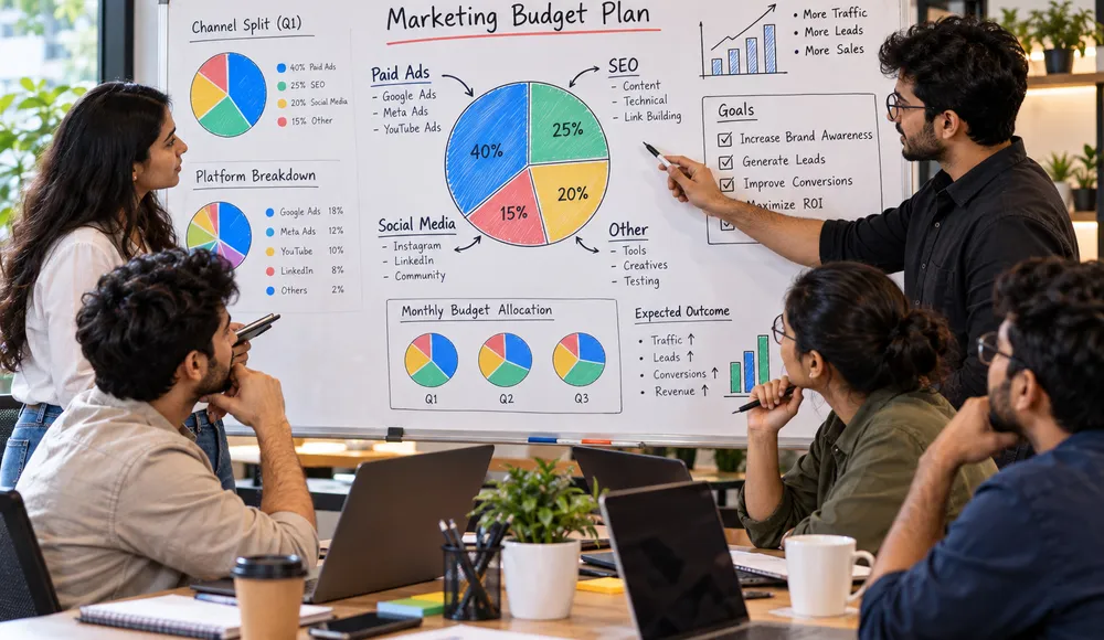 Team at a whiteboard with hand-drawn pie charts and split-circle budget diagrams