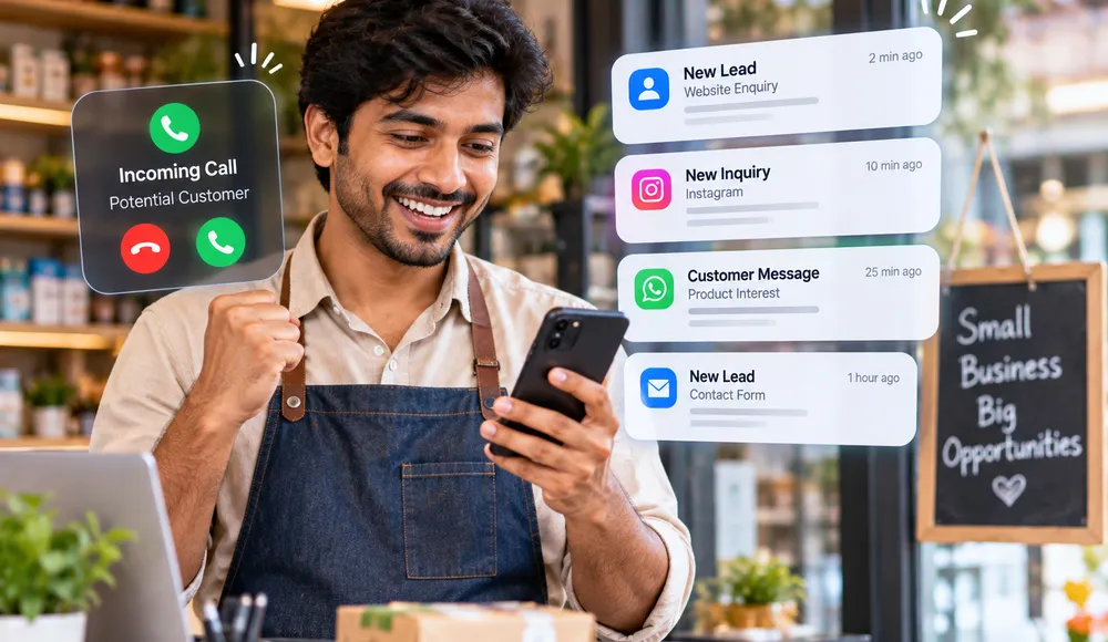 Small shop owner smiling at incoming lead notifications on a phone