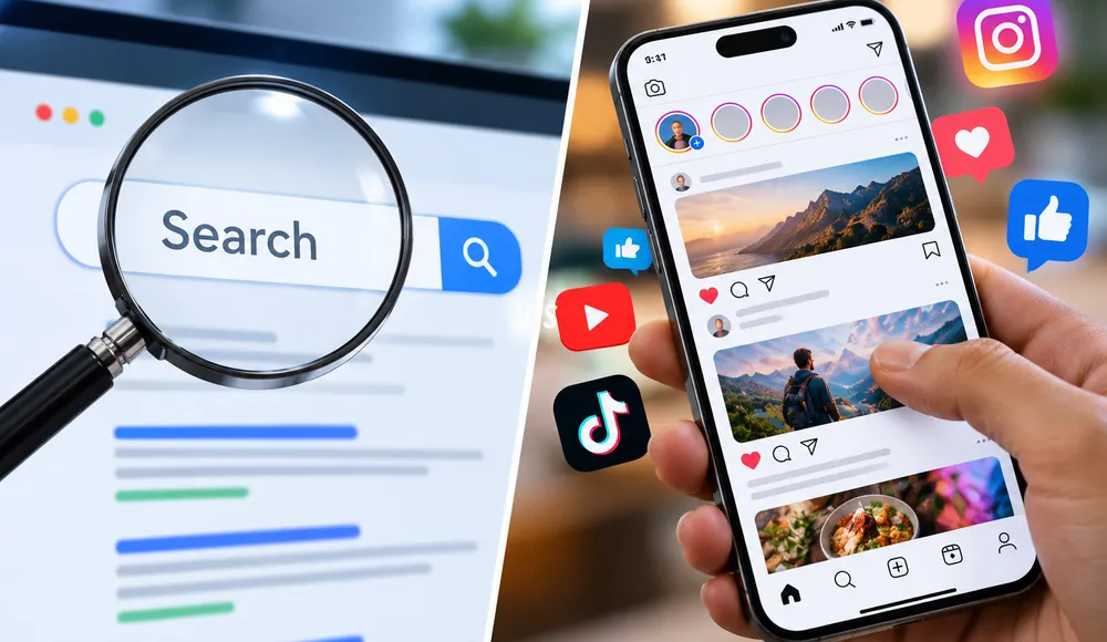 Split concept of a magnifying glass over a search bar beside a scrolling social feed