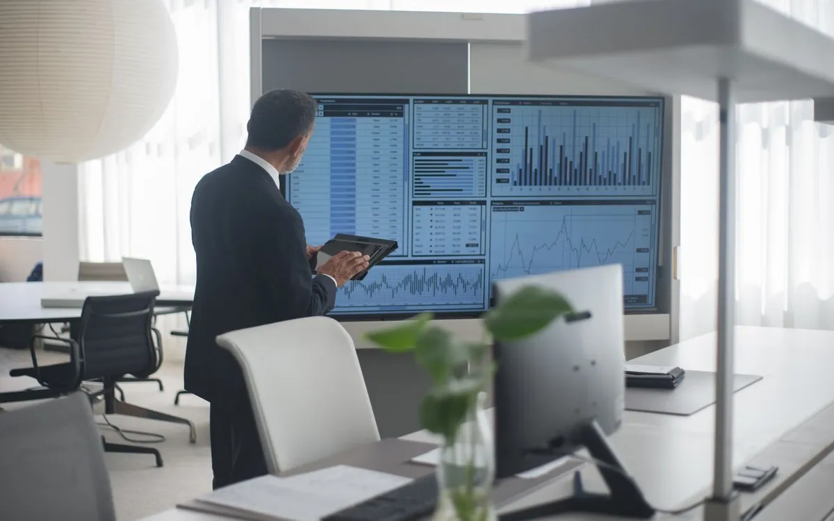 Data analyst reviewing AI pilot accuracy and cost charts on screen