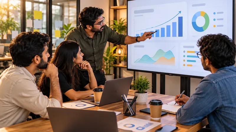 Marketing analytics dashboard with rising performance charts representing digital marketing spend and returns