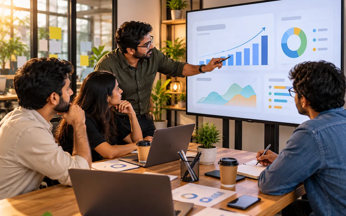 Marketing analytics dashboard with rising performance charts representing digital marketing spend and returns