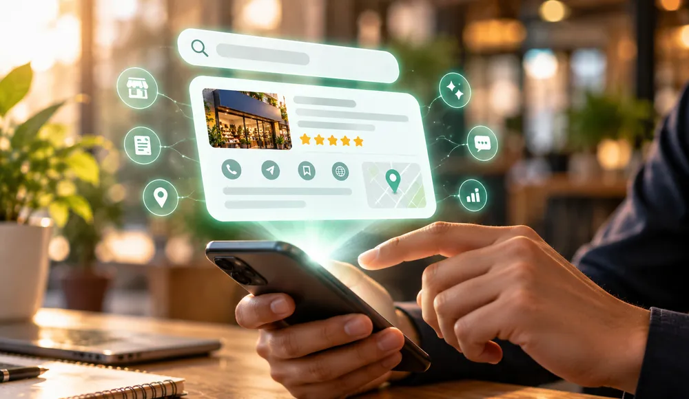 Review cards with star ratings and owner responses displayed beside a map listing