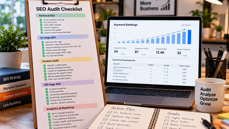 Long printed checklist on a clipboard beside a laptop showing an upward ranking chart