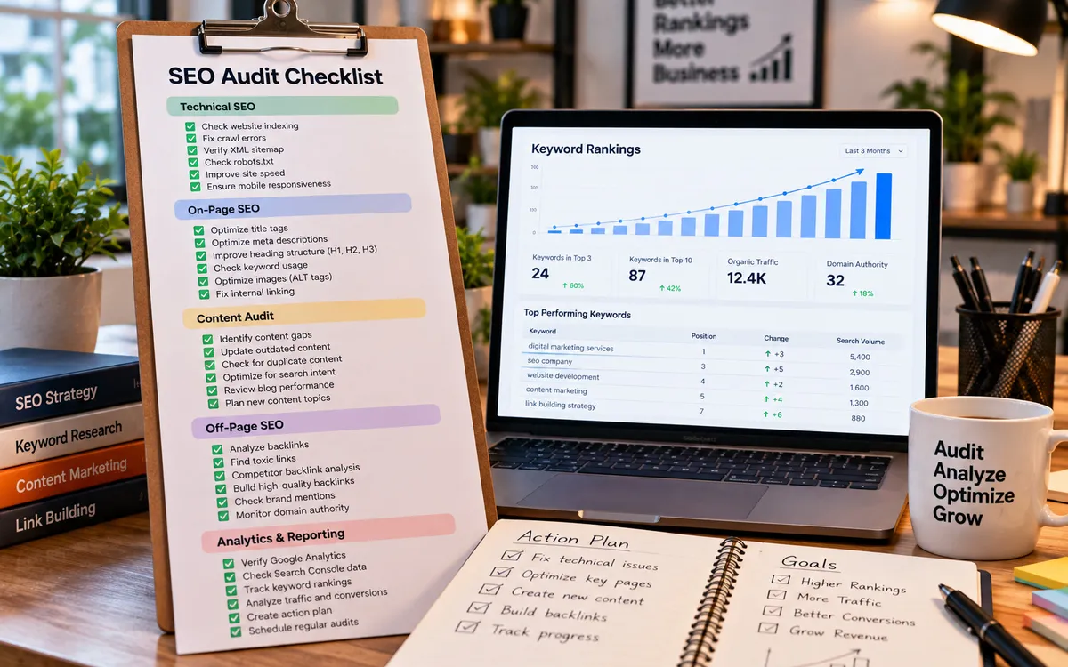 Long printed checklist on a clipboard beside a laptop showing an upward ranking chart