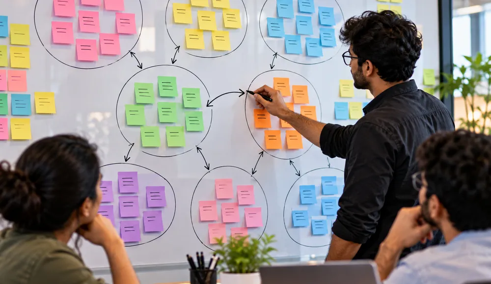 Wall of colourful sticky notes grouped into clusters connected by marker lines