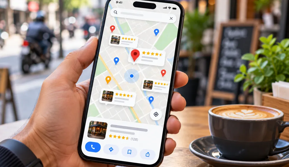 Smartphone showing an abstract local map with location pins and star-rating badges