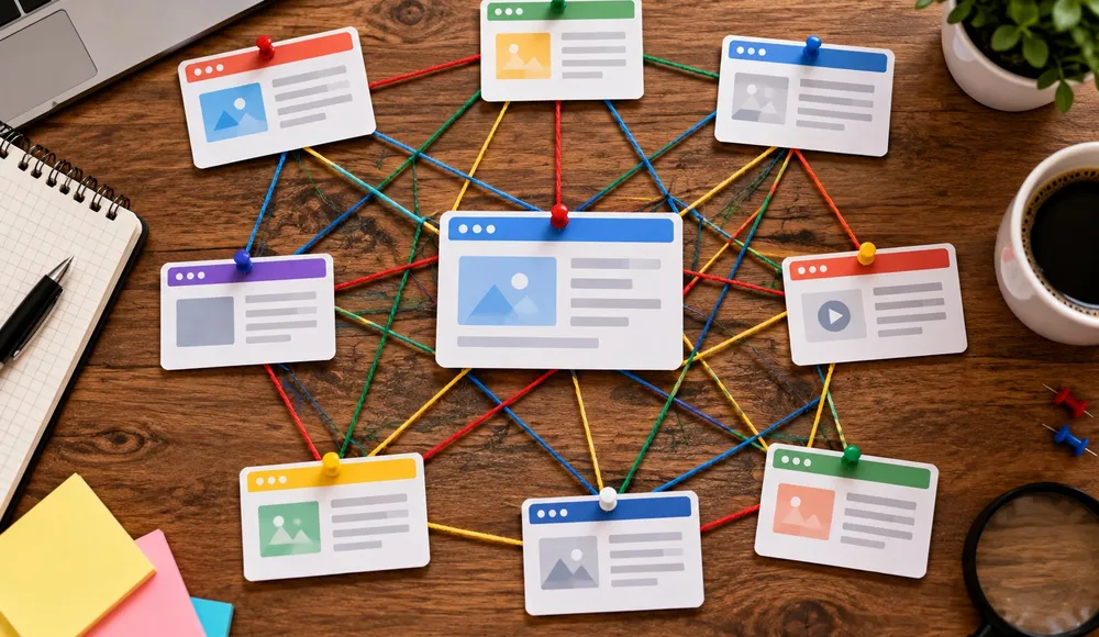 Paper cards shaped like browser windows connected by threads representing link building