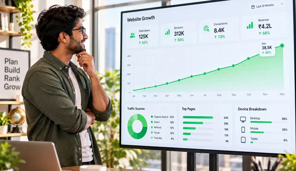 Marketer reviewing a smooth upward analytics graph on a large monitor in morning light