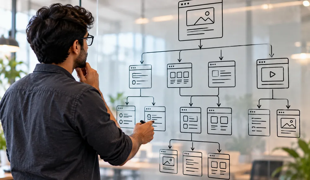 Site-architecture sitemap of connected nodes and lines drawn on a glass wall