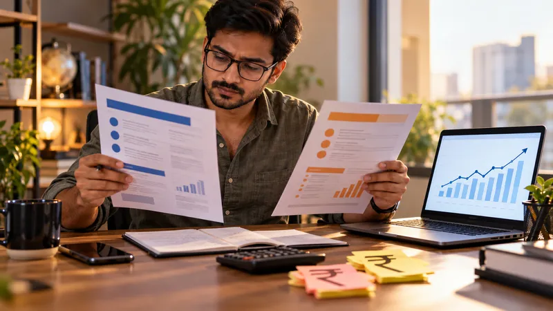 Indian business owner comparing SEO pricing proposals on a laptop beside a rising search traffic chart