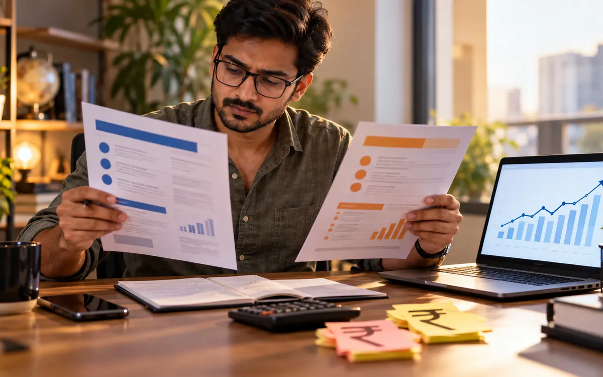 Indian business owner comparing SEO pricing proposals on a laptop beside a rising search traffic chart