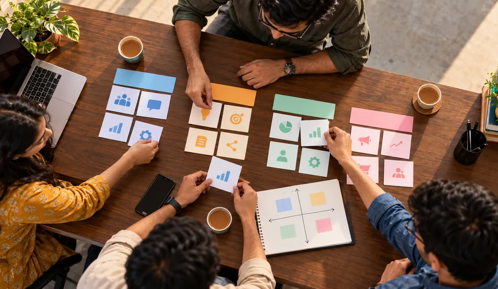 Hands sorting printed proposals into four pricing band zones on a meeting table