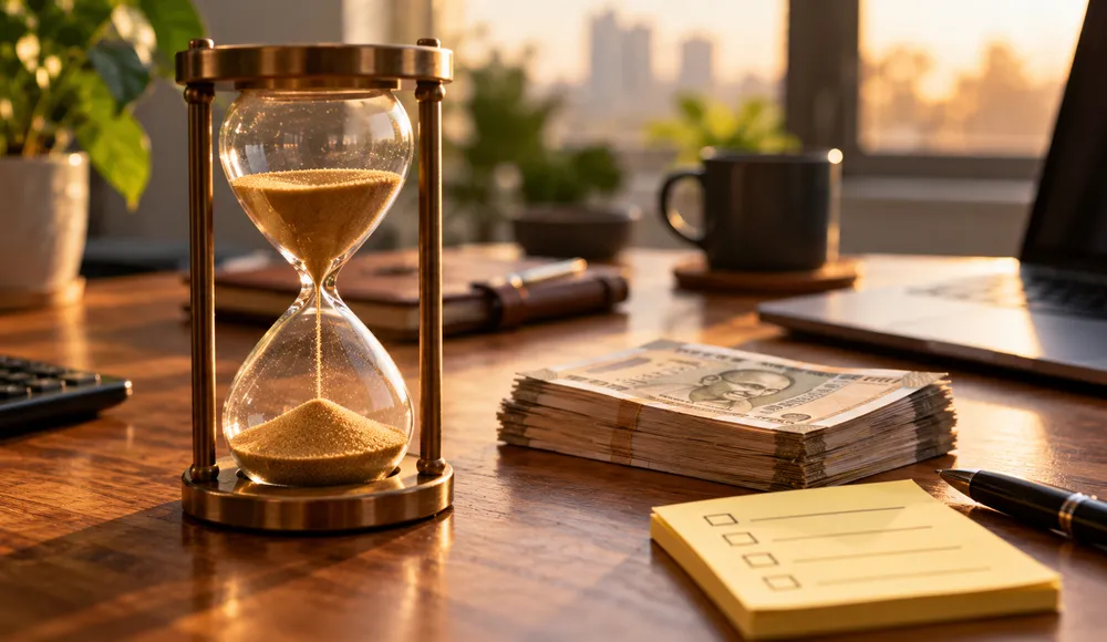 Hourglass beside rupee notes representing SEO retainer bandwidth math