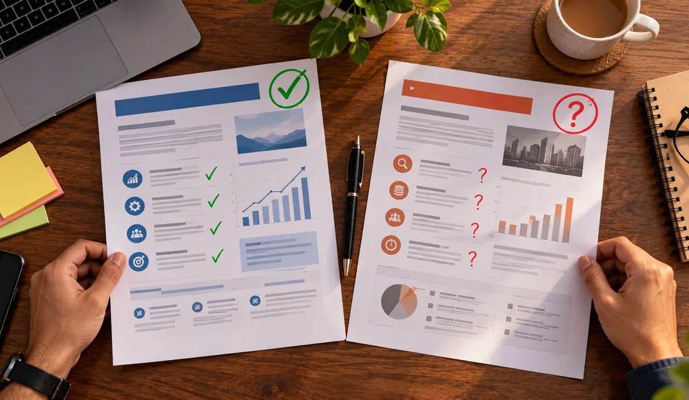 Two SEO proposals compared side by side with tick and question-mark annotations