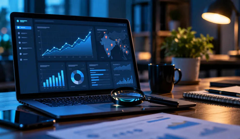 Analytics dashboard with line graphs and map pins viewed through a magnifying glass