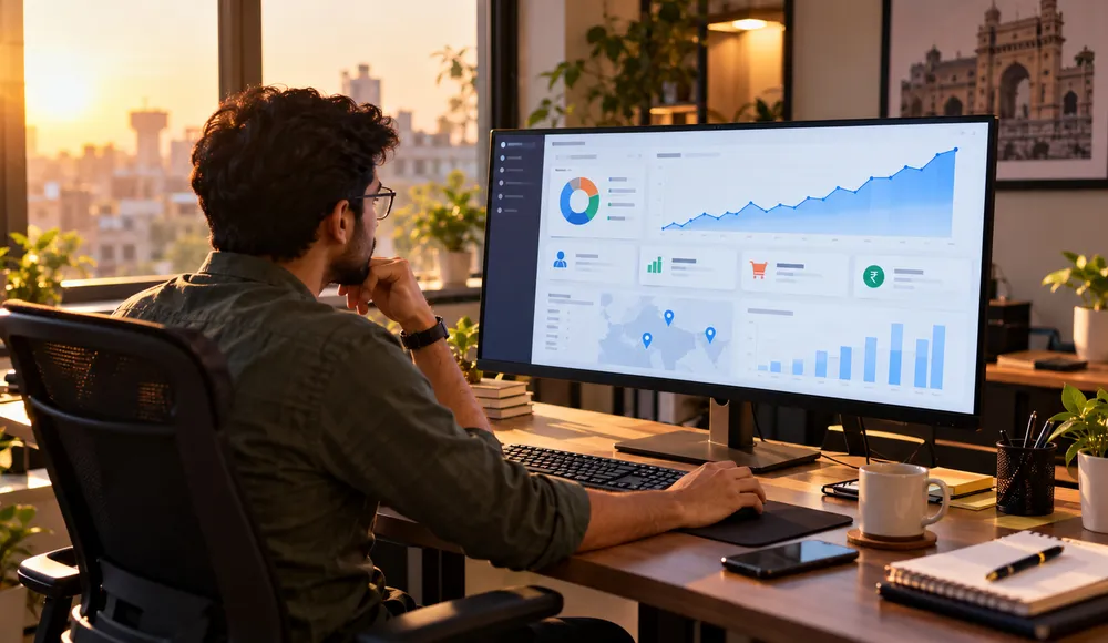 Analyst reviewing a monthly SEO performance report with rankings and lead numbers on screen