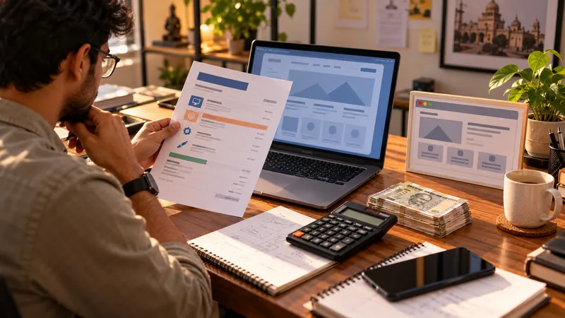 Indian entrepreneur reviewing website development cost estimates on paper and laptop in a bright office
