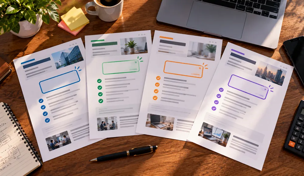 Four different website quotations fanned out with differently highlighted price boxes