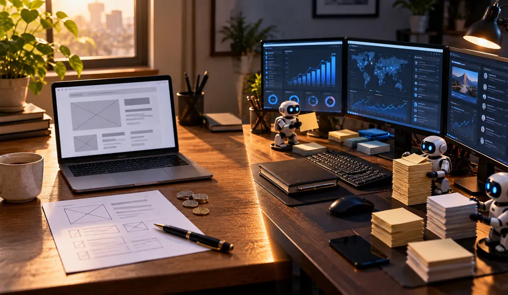Split desk scene comparing a simple template build with an engineered custom build