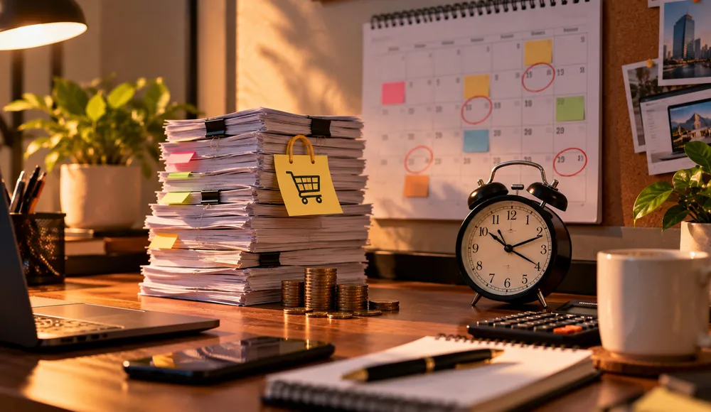 Calendar, clock and stacked invoices representing yearly website running costs