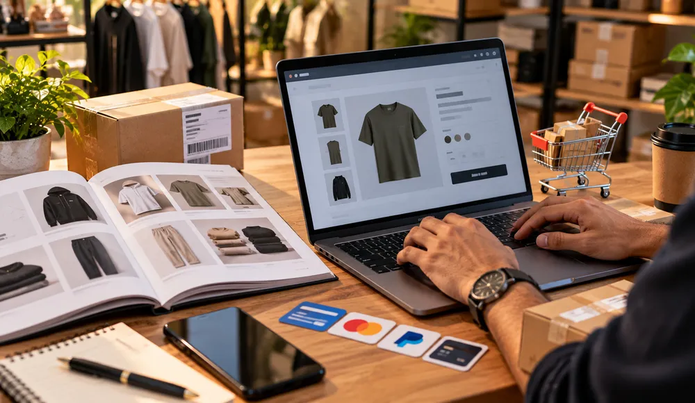 Hands working between a product catalogue, laptop and parcel representing ecommerce store costs