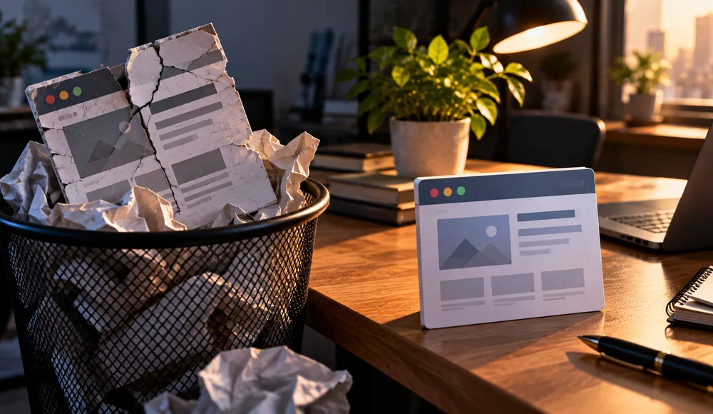 Crushed paper browser window in a bin beside a pristine one, illustrating the cost of going too cheap