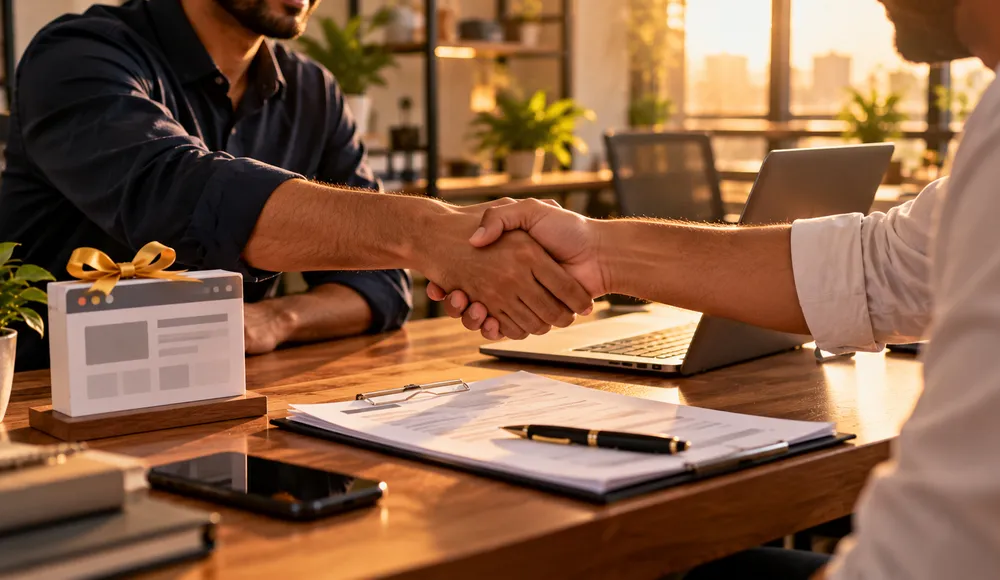 Business owner shaking hands with a developer after agreeing a fixed website price