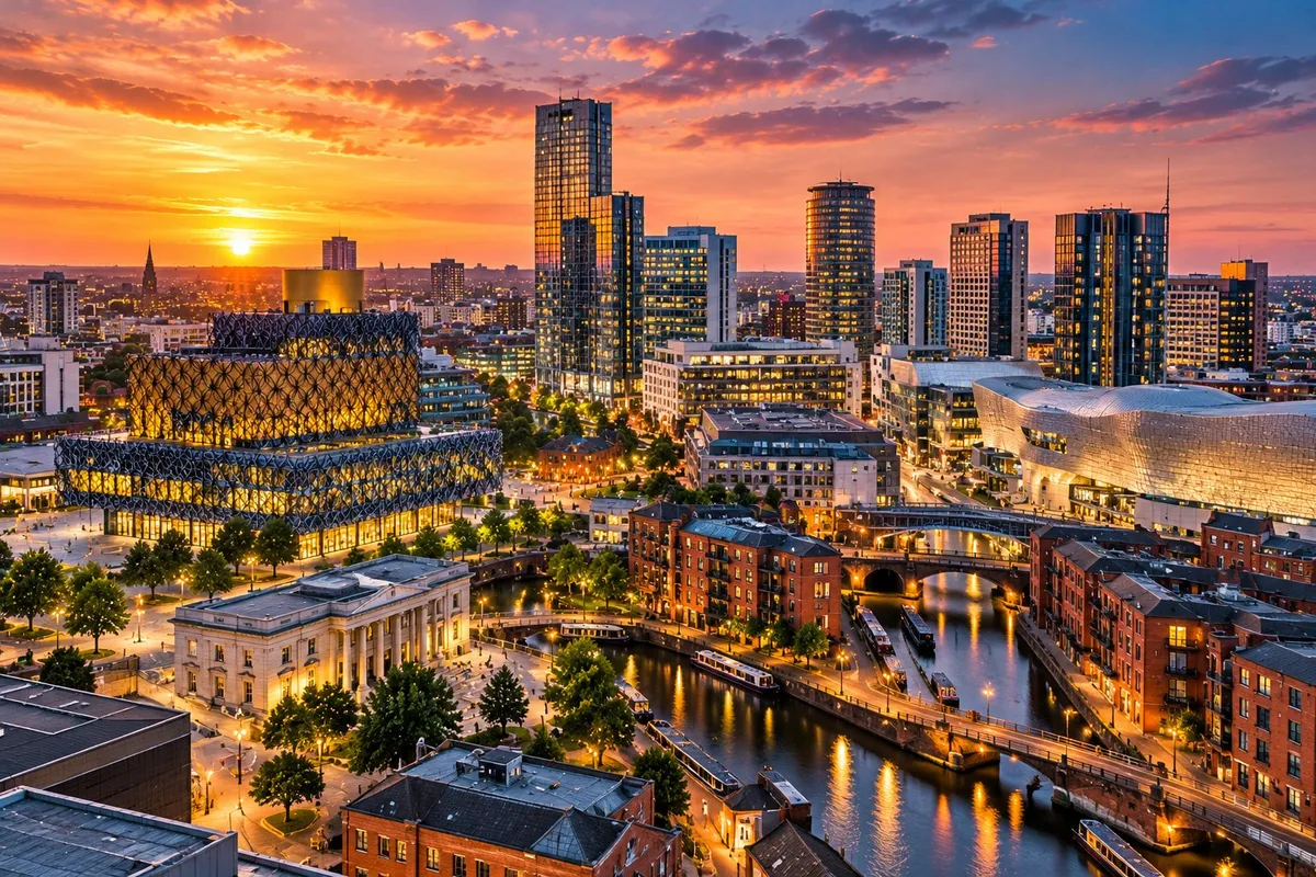 Birmingham city centre skyline at sunset with the Library of Birmingham and canal network