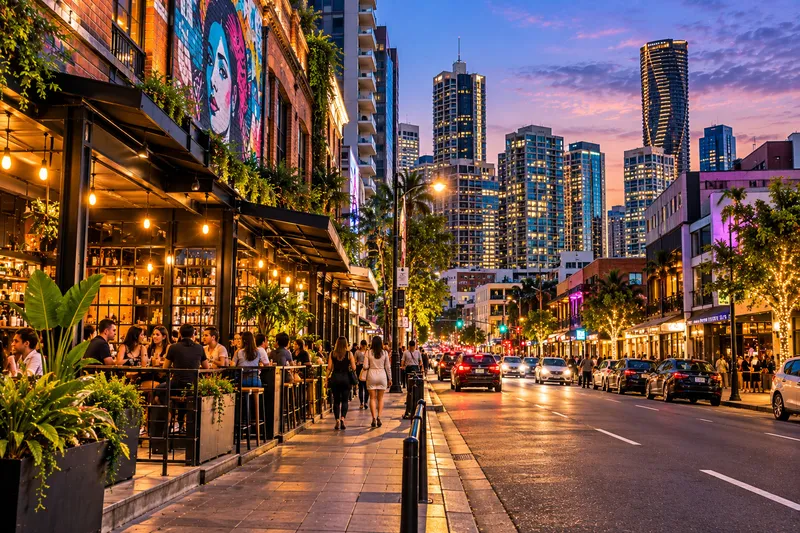 Fortitude Valley Brisbane vibrant street with outdoor dining and subtropical plants
