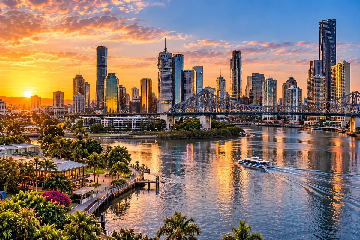 Brisbane city skyline at golden hour from South Bank with the Brisbane River and Story Bridge