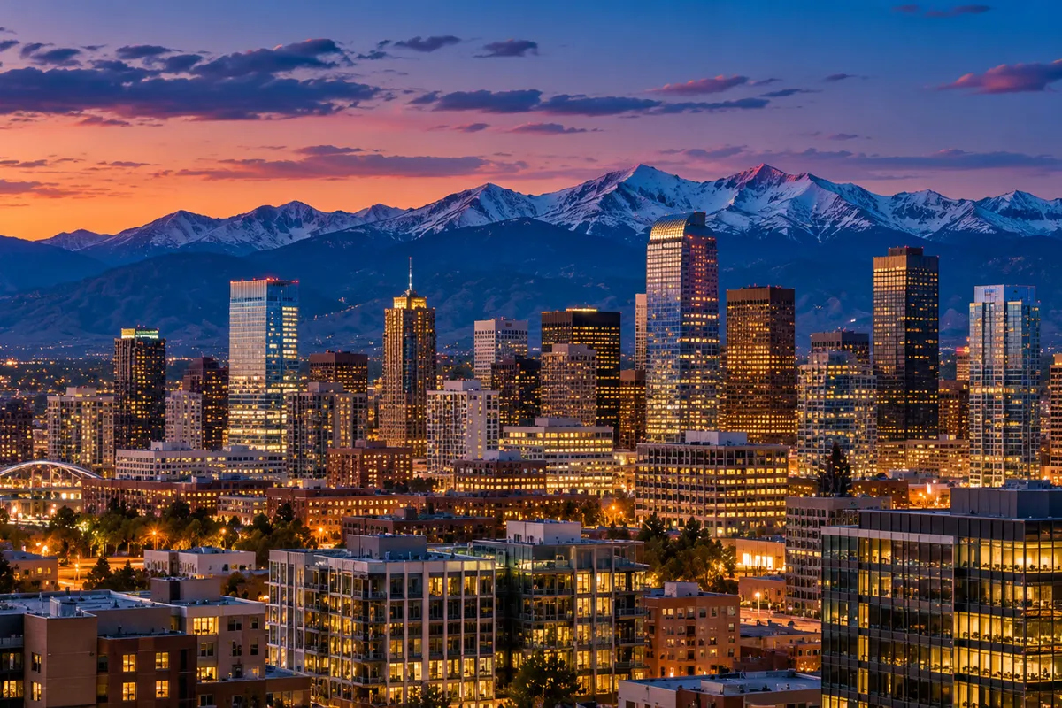 Denver skyline with the Rocky Mountains behind