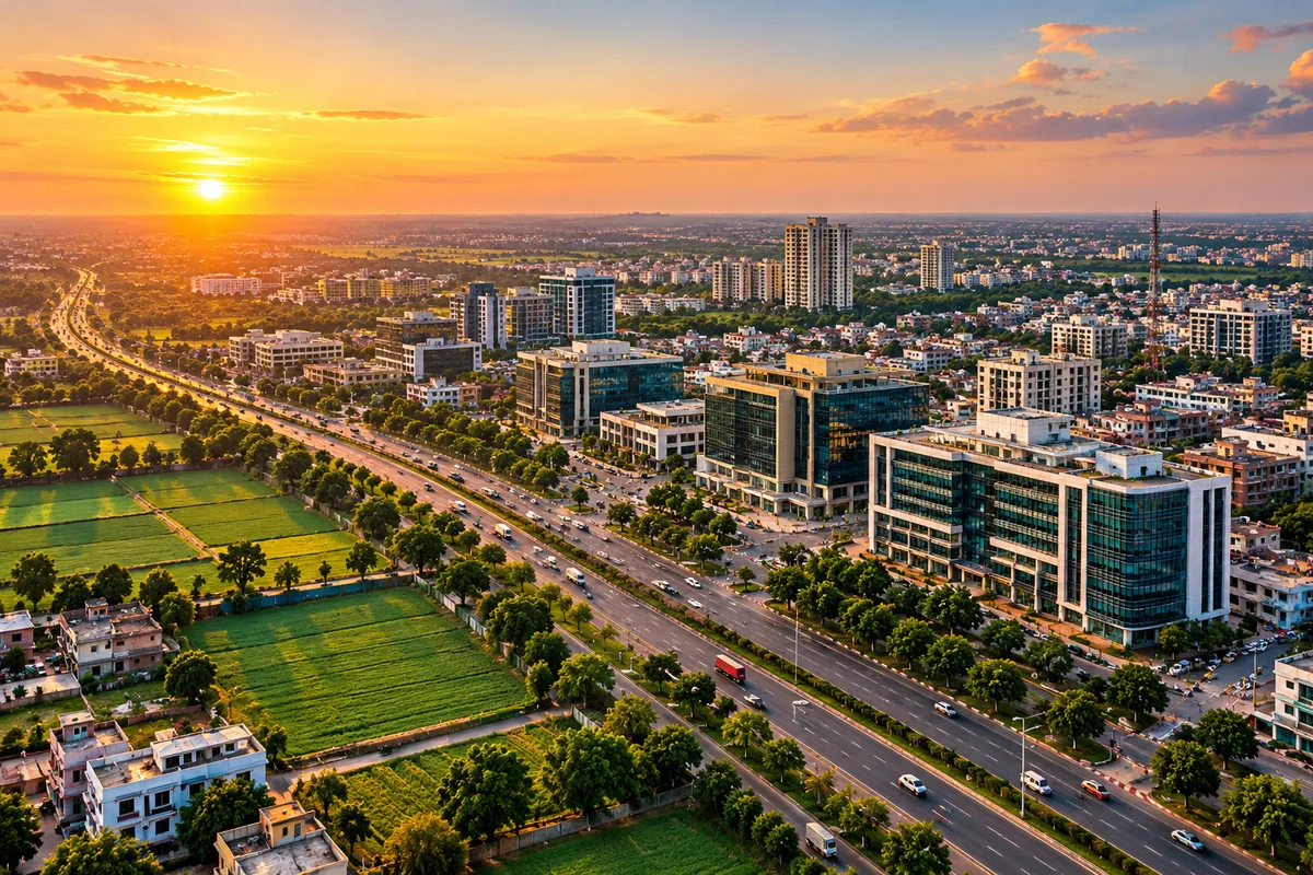 Aerial view of Haryana business district at golden hour connecting urban and rural areas