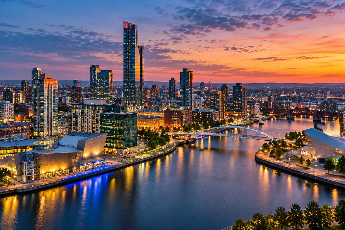 Manchester city centre skyline at dusk with the Beetham Tower and Salford Quays media district