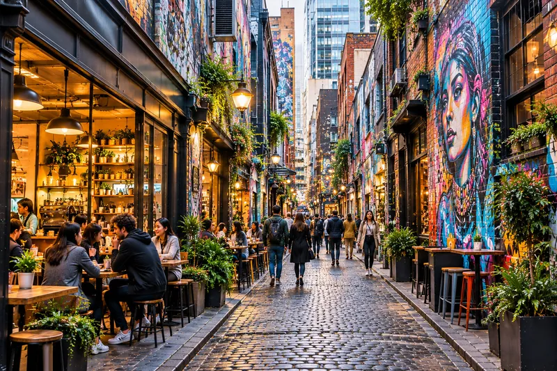 Melbourne laneway with street art murals and coffee shops