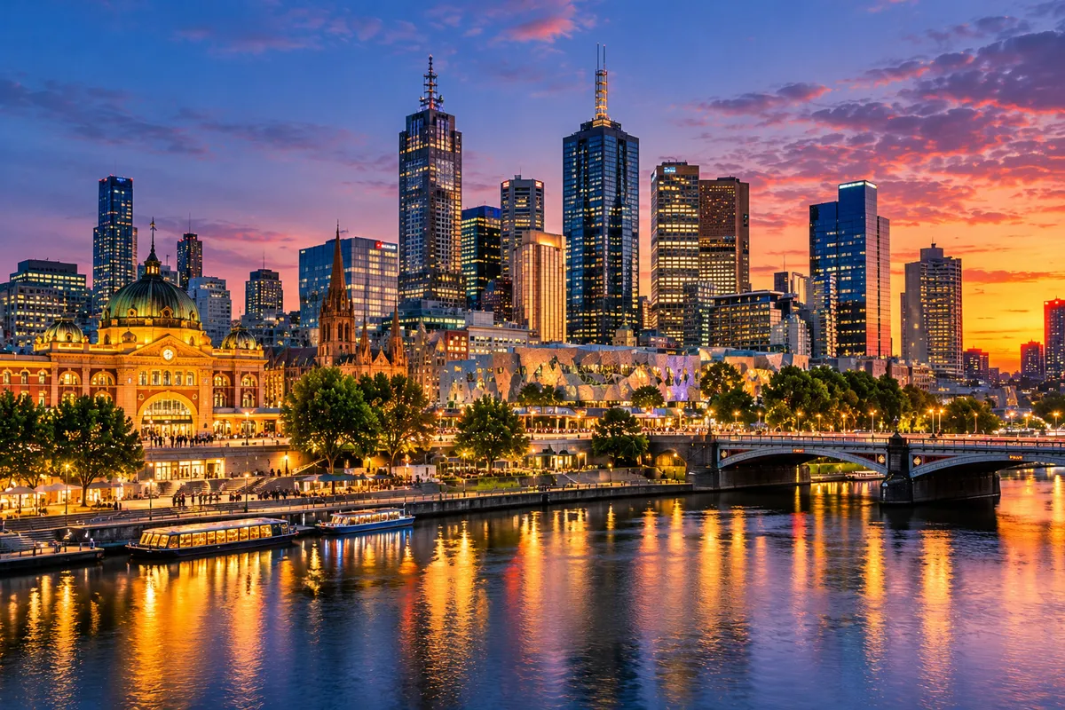 Melbourne CBD skyline at dusk viewed across the Yarra River with Flinders Street Station