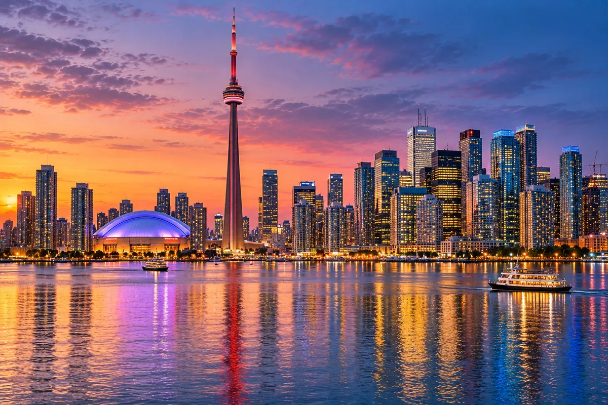 Toronto skyline at dusk with the CN Tower and downtown high-rises viewed across Lake Ontario
