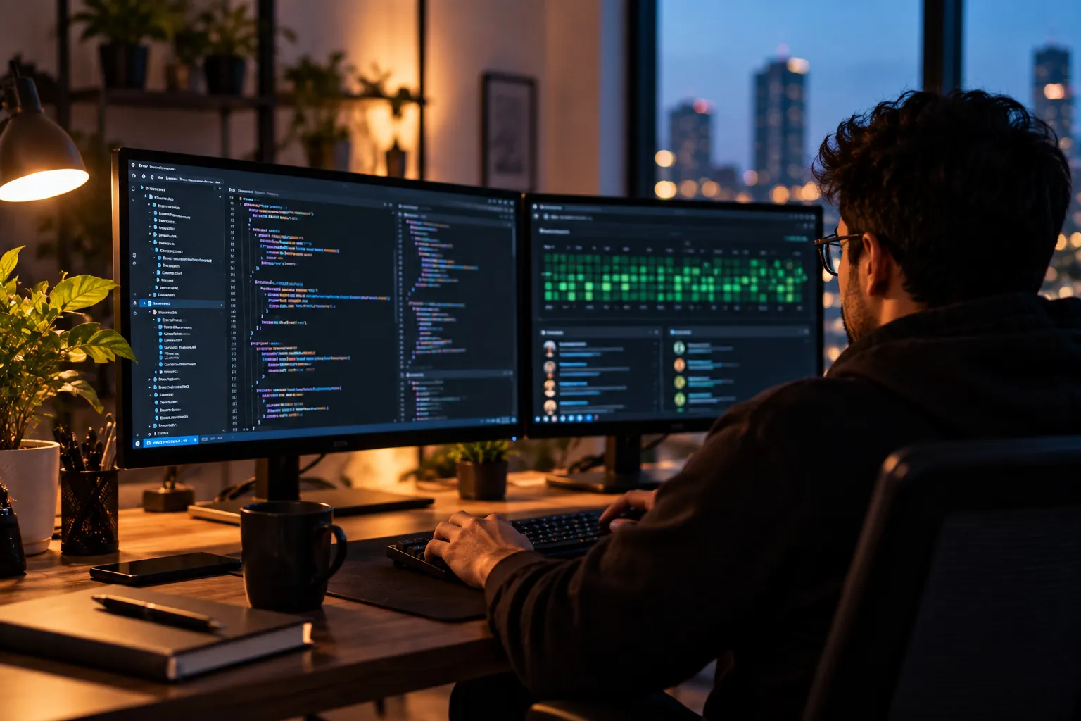 Developer reviewing pull requests on dual monitors — work happens in your repository from day one