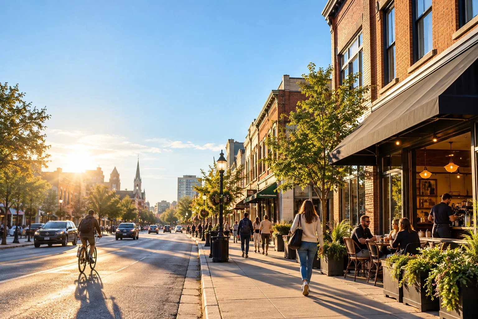 Sunlit American downtown main street at 8am — where the daily US–India overlap window starts