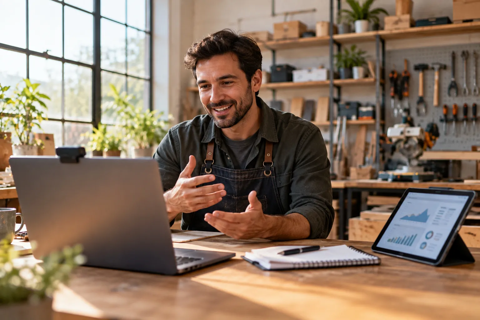 US small-business owner on a video call with a dashboard open — healthtech, fintech, D2C and SaaS teams