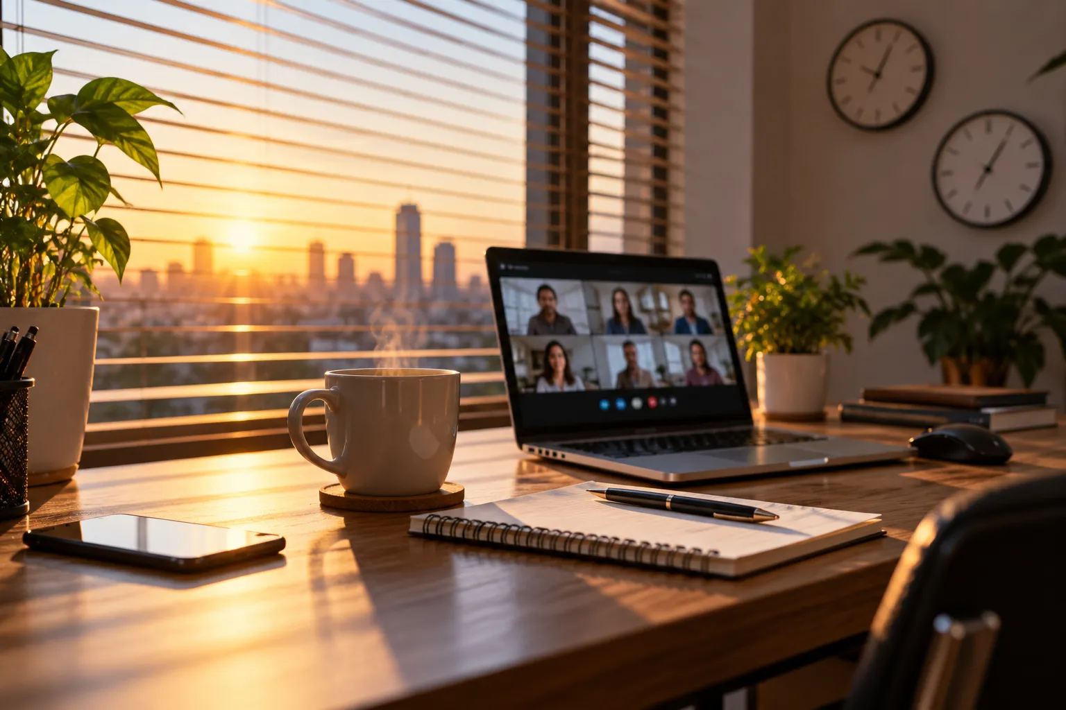 Desk at dawn with an early-morning video call — the 08:00–12:00 ET overlap window