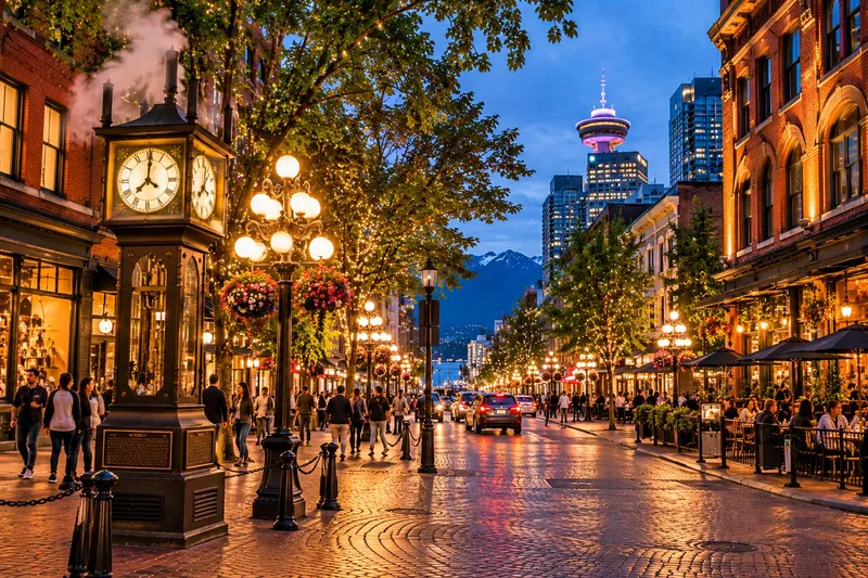 Gastown Vancouver cobblestone streets with historic Victorian brick buildings and steam clock